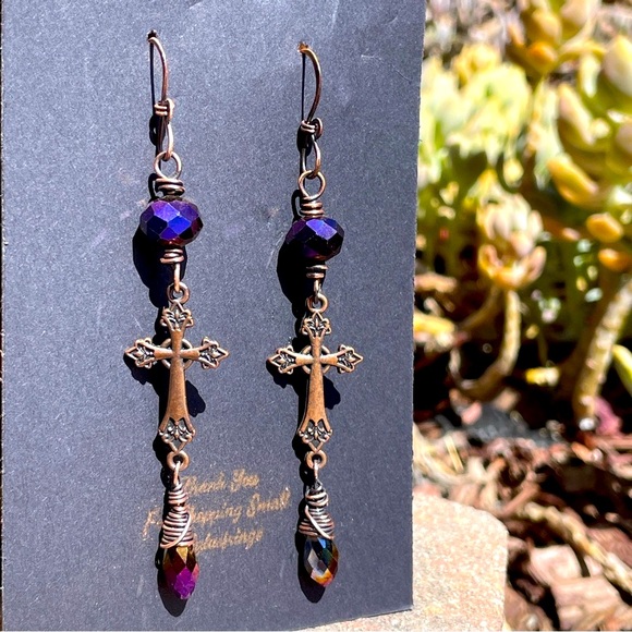 Artisan Jewelry - Elegant Purple Cross Dangle Earrings